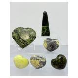 Verdant Earth Serpentine Collection: 5 Polished Hearts & 1 Stately Obelisk