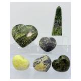 Verdant Earth Serpentine Collection: 5 Polished Hearts & 1 Stately Obelisk
