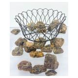 Rare Specimen Set: Raw Fossilized Amber Collection in Geometric Wire Display Basket