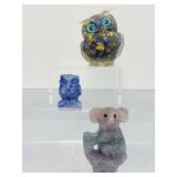 Gemstone Animal Carvings Mixed Lot – Owl & Koala Trio