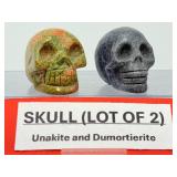 Hand-Carved Crystal Skull Duo – Natural Unakite & Rare Dumortierite