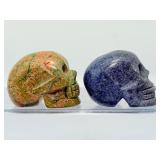Hand-Carved Crystal Skull Duo – Natural Unakite & Rare Dumortierite