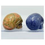 Hand-Carved Crystal Skull Duo – Natural Unakite & Rare Dumortierite