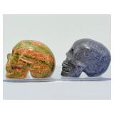 Hand-Carved Crystal Skull Duo – Natural Unakite & Rare Dumortierite