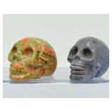 Hand-Carved Crystal Skull Duo – Natural Unakite & Rare Dumortierite