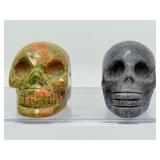 Hand-Carved Crystal Skull Duo – Natural Unakite & Rare Dumortierite