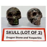 Rare 2pc Lot Hand-Carved Gemstone Skulls: Fluorescent Yooperlite & Vibrant Dragon’s Blood Jasper – UV Reactive Specimen Set