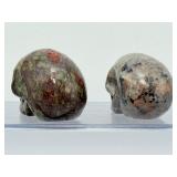 Rare 2pc Lot Hand-Carved Gemstone Skulls: Fluorescent Yooperlite & Vibrant Dragon’s Blood Jasper – UV Reactive Specimen Set