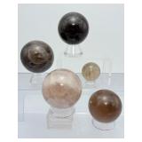 Lot of 5 Natural Smoky Quartz Crystal Spheres – Polished Grounding & Protection Stones'