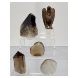 Exclusive 5pc Natural Smoky Quartz Collection – Polished Towers, Heart & Carved Guardian Angel