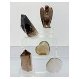 Exclusive 5pc Natural Smoky Quartz Collection – Polished Towers, Heart & Carved Guardian Angel