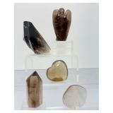 Exclusive 5pc Natural Smoky Quartz Collection – Polished Towers, Heart & Carved Guardian Angel