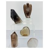 Exclusive 5pc Natural Smoky Quartz Collection – Polished Towers, Heart & Carved Guardian Angel