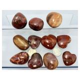 Collection of 11 Polished Petrified Wood Hearts & Palm Stones