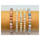 Rare Set of 5 Natural Morganite & Mixed Beryl Gemstone Beaded Stretch Bracelets - Genuine Pastel Aquamarine & Heliodor Beads
