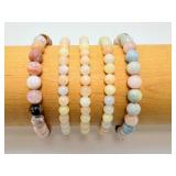 Rare Set of 5 Natural Morganite & Mixed Beryl Gemstone Beaded Stretch Bracelets - Genuine Pastel Aquamarine & Heliodor Beads