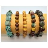 Lot of 5 Natural Stone Beaded Bracelets: African Turquoise Jasper, Elephant Skin, Dragon Blood, & Ancient Bodhi – Earthy Artisan Jewelry Stack