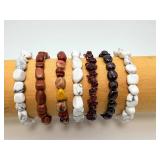Exquisite Seven-Piece Holistic Natural Gemstone Stretch Bracelet Collection Featuring Tumbled White Howlite, Mookaite Jasper, and Deep Garnet Stones