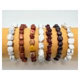 Exquisite Seven-Piece Holistic Natural Gemstone Stretch Bracelet Collection Featuring Tumbled White Howlite, Mookaite Jasper, and Deep Garnet Stones