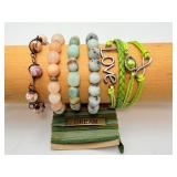 Handcrafted Artisan Jewelry Lot: A vibrant Collection Featuring Natural Stone, Woven 'Love' Charm, & 'Dream' Silk Wrap Bracelets