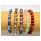 Lot of 5 Natural Gemstone Beaded Bracelets - Sodalite, Garden Quartz, Lepidolite, Mixed Beryl, Red Jasper