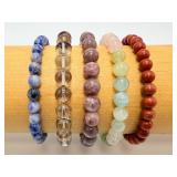 Lot of 5 Natural Gemstone Beaded Bracelets - Sodalite, Garden Quartz, Lepidolite, Mixed Beryl, Red Jasper