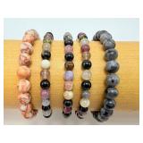 Lot of 5 Natural Gemstone Stretch Bracelets – Tourmaline, Jasper & Larvikite