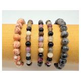 Lot of 5 Natural Gemstone Stretch Bracelets – Tourmaline, Jasper & Larvikite