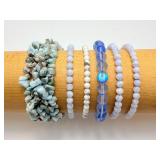 6pc Natural Gemstone Bracelet Set: Rare Larimar, Blue Lace Agate, and Calming White Howlite Stretch Stacks