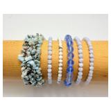 6pc Natural Gemstone Bracelet Set: Rare Larimar, Blue Lace Agate, and Calming White Howlite Stretch Stacks
