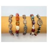 Set of 5 Artisan Gemstone Bracelets - Leopard Skin Jasper, Unakite & Mixed Chakra Stones