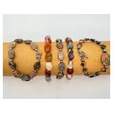 Set of 5 Artisan Gemstone Bracelets - Leopard Skin Jasper, Unakite & Mixed Chakra Stones