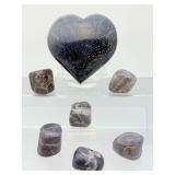Title: Rare Iolite 'Viking Compass' Set – Polished Heart & 6 Tumbled Gems