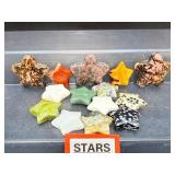 Exquisite Collection of  Masterfully Hand-Carved Natural Gemstone Stars: A  Specimen Set Featuring Rhodonite, Snowflake Obsidian, Jasper, and Rare Earth Minerals