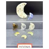 Set of 8 Carved Gemstone Moons: Sodalite, Smoky Quartz, Prehnite, Moss Agate & Clear Quartz