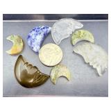 Set of 8 Carved Gemstone Moons: Sodalite, Smoky Quartz, Prehnite, Moss Agate & Clear Quartz