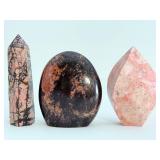 Natural Rhodonite 3-Piece Collector Set – Tower, Freeform & Flame