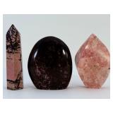 Natural Rhodonite 3-Piece Collector Set – Tower, Freeform & Flame