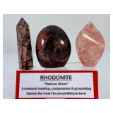 Natural Rhodonite 3-Piece Collector Set – Tower, Freeform & Flame