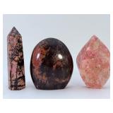 Natural Rhodonite 3-Piece Collector Set – Tower, Freeform & Flame
