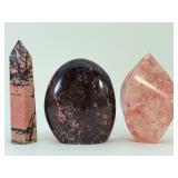 Natural Rhodonite 3-Piece Collector Set – Tower, Freeform & Flame