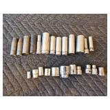 Assorted Deep and Shallow Sockets, Standard and Metric, Various Sizes, Mostly Snap-on, Some Mac and Craftsman