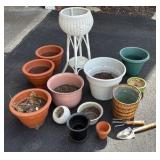 Collection of Ceramic, plastic and wicker gardening pots and tools