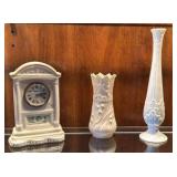 Belleek clock and vase. Lenox vase.