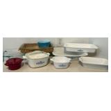 Pyrex and Corning Ware Lot includes Corn Flour bakeware and blue mixing bowl plus some 9 x 13” pans