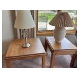 two wooden end tables and two excellent looking lamps