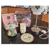 A little girls lot with a Barbie clock radio, a Disney music box, lamp, jewelry box