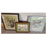 three framed needlepoint pictures
