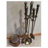 fireplace tool set with copper  bucket, and kindling