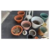 Collection of Ceramic, plastic and wicker gardening pots and tools